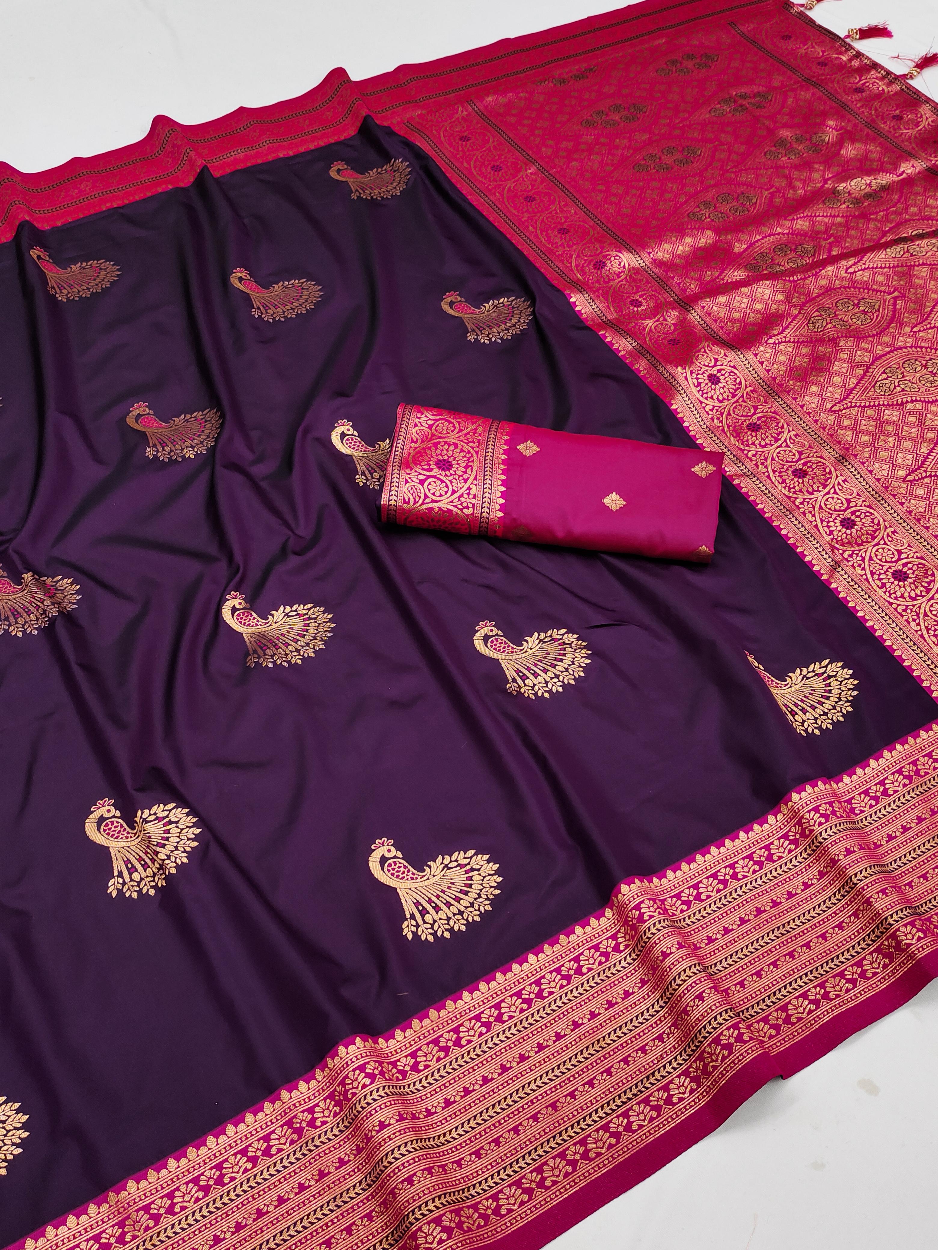 Soft Silk Zari Weaving Paithani Style Peacock hues dancing Saree.